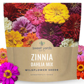 Sweet Yards Zinnia Dahlia Mix seeds in 1oz packet ready for planting and vibrant color.
