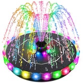SZMP solar fountain in a birdbath with 3D center-edge illumination for vibrant evenings.