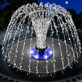 SZMP solar fountain on pond surface showing seven-nozzle spray for bird attraction