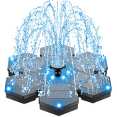 SZMP solar fountain showcasing the snowflake design with colorful LEDs at dusk