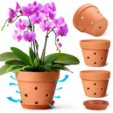 T4U orchid pot 6inch set of four with side view, porous terracotta improves airflow