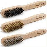 TAKAVU 3pc wood-handle wire brush set for versatile cleaning on tough surfaces.