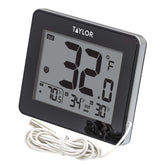 Taylor wired thermometer with LED display shows indoor and outdoor temperatures at a glance.