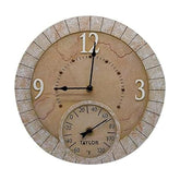 Taylor Terra Cotta outdoor clock and thermometer in a garden setting, weather-resistant.