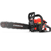 TechMoo 62cc gas chainsaw with 20-inch bar cutting a large log.