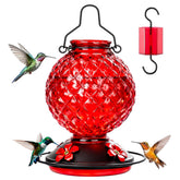 Tegarbed glass hummingbird feeder outdoors in red for nectar feeding