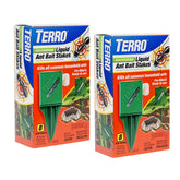 Terro outdoor liquid ant bait stake 2-pack shown outdoors for proactive ant control.