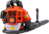Thalorus 52cc backpack leaf blower with orange housing quickly clears leaves and debris from driveways.