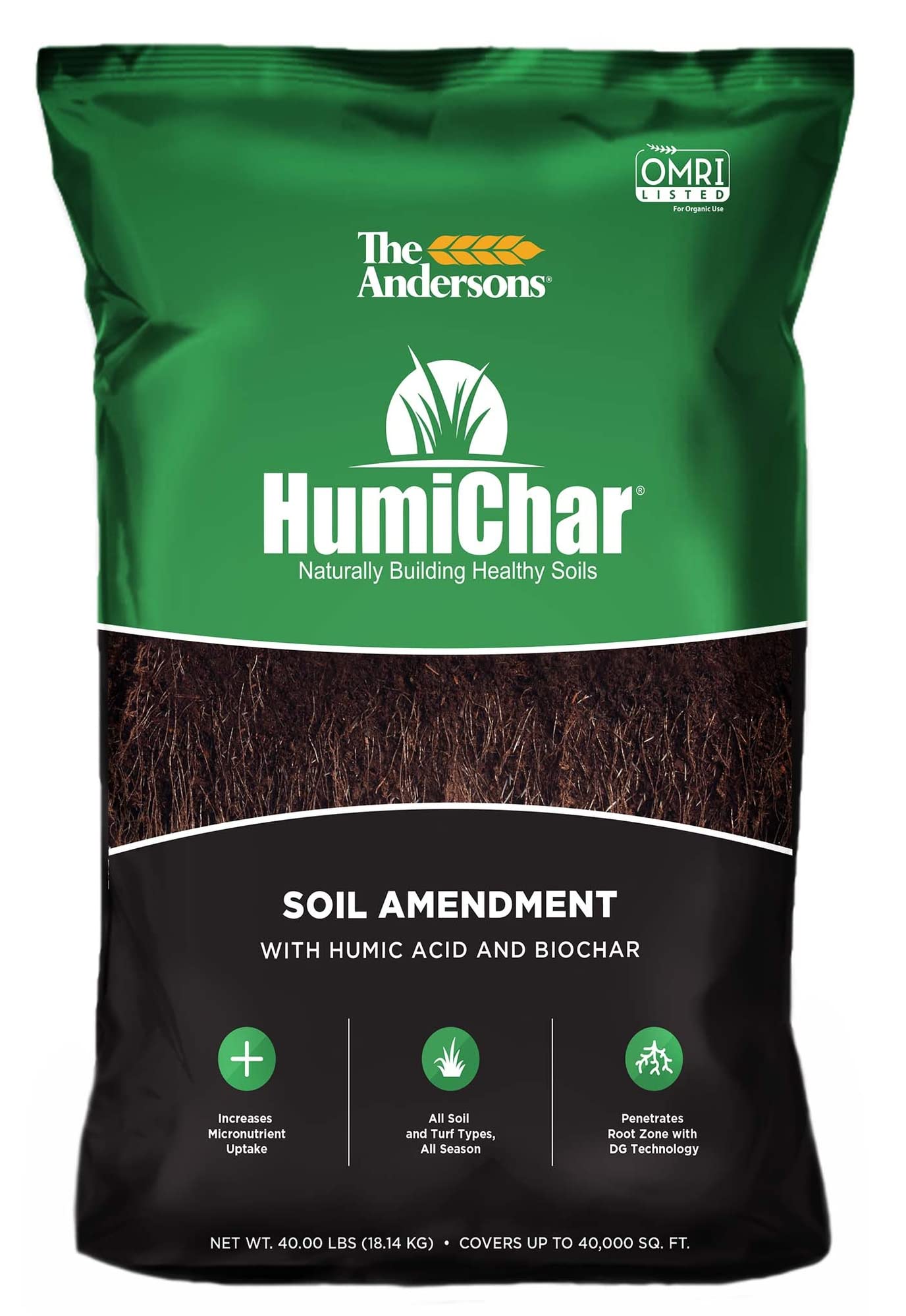The Andersons HumiChar DG granules in a bag ready for lawn soil enrichment.