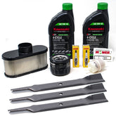 The Mower Shop Hustler Raptor tune-up kit packaging shows genuine parts for easy maintenance.