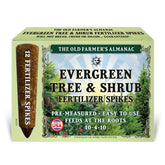 The Old Farmer's Almanac evergreen spikes pack ready for root feeding.