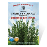 The Old Farmer's Almanac rosemary seed packet front, reliable heirloom seeds for homegrown herbs.