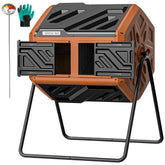 THE GROW'ING 43-gallon outdoor compost bin front view with thermometer for temperature monitoring.