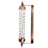 Thermometer World outside bronze-design nine-point-five-inch on wall for outdoor readings.