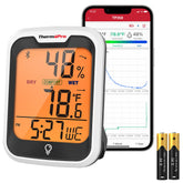 ThermoPro TP358 front view with backlit display showing temperature and humidity.