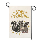 Thriano Stay Tashy Raccoon flag front view for durable outdoor decor on porch.