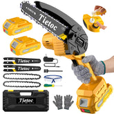Tietoc mini cordless chainsaw with dual batteries ready for fast garden pruning.