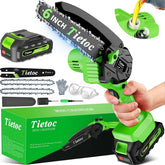 Tietoc mini chainsaw showing 6-inch cutting power for garden pruning.