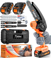 Tietoc mini chainsaw 6in in use cutting wood efficiently.