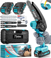 Tietoc mini chainsaw cutting a branch in a garden, cordless for quick pruning