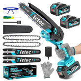 Tietoc mini chainsaw in action cutting a log quickly for pruning and debris cleanup