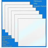 Tikfoam TPU patch kit in use with 3.5-inch patches for quick inflatable repairs.