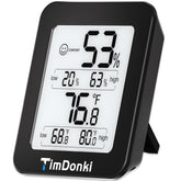 TimDonki digital hygrometer front display showing temperature and humidity clearly