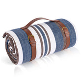 Timirock striped picnic blanket folded with strap, easy to carry for travel and picnics.