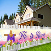 Tineit He is Risen banner on front porch for Easter decor
