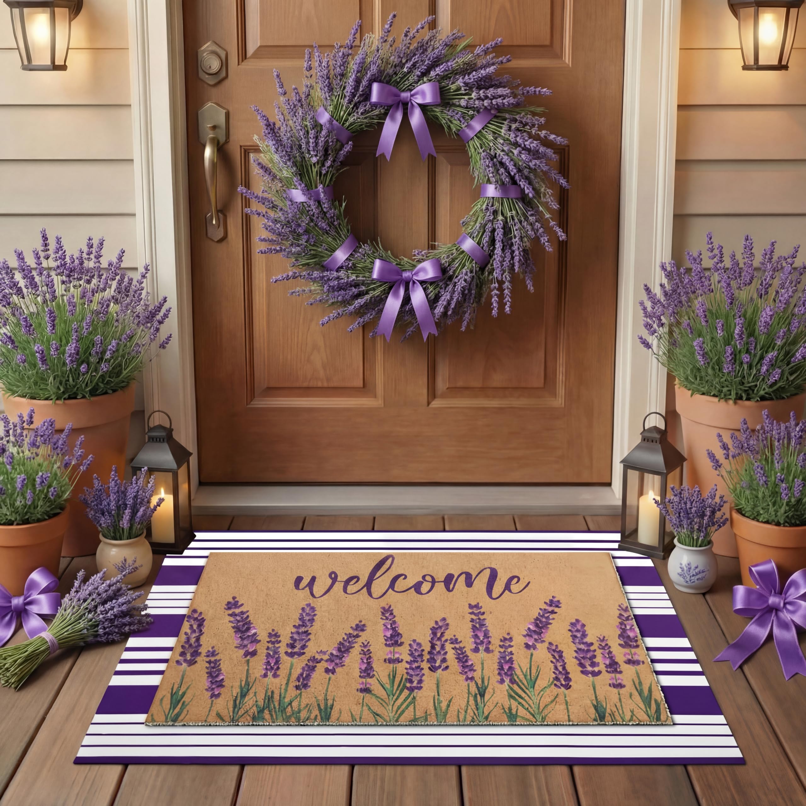 Tinideya lavender door mat with welcome motif for warm entryway.