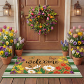Tinideya welcome doormat with butterflies and flowers at the doorway.