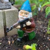 Tirifer garden statue gnome with gun enhances outdoor charm.