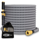 Titan flexible garden hose 50ft coiled for easy storage and lightweight handling.