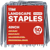 TiTifield landscape staples 4-inch galvanized securely anchor weed barrier fabric.