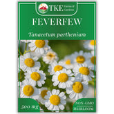 TKE Farms feverfew seeds pack shot highlighting high germination for home gardens.
