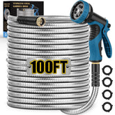 Tocebe metal garden hose 100ft coiled for neat storage, ideal for ready watering.