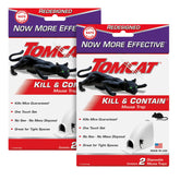 Tomcat Kill and Contain mouse trap box packaging shows a value-packed two-trap set