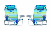 Tommy Bahama five-position backpack beach chair with aqua stripes for lay-flat sunbathing
