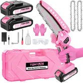 Tomyvic pink mini chainsaw battery pack visible for long cordless cutting sessions.