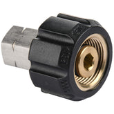 Tool Daily pressure washer adapter close-up showing M22 to 1/4 NPT threads for a secure connection