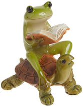 Top Collection fairy garden frog reading a book on a turtle statue for whimsical decor.