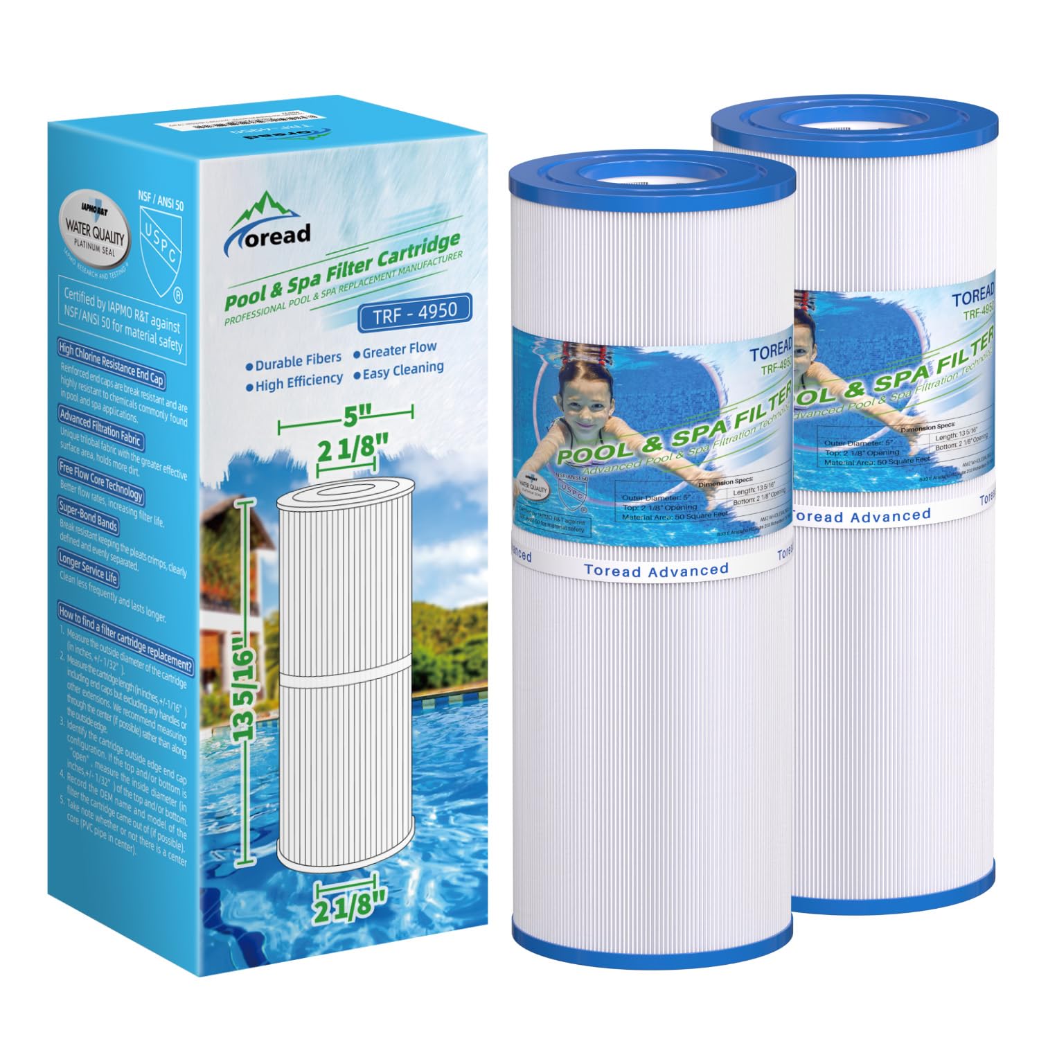 TOREAD TRF-4950 spa filter body showing durable housing for clear water