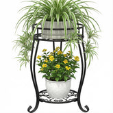 TOSKING 2-tier metal plant stand in black for indoor display and vertical space saving.