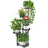 TOSKING 5-tier tall plant stand shown indoors and outdoors for sun exposure and space saving