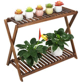 Tovacu wood plant stand top view shows two-tier layout for corner display