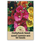 TP SEED Hollyhock Giant Danish Mix tall multi-color blooms enhance back borders.