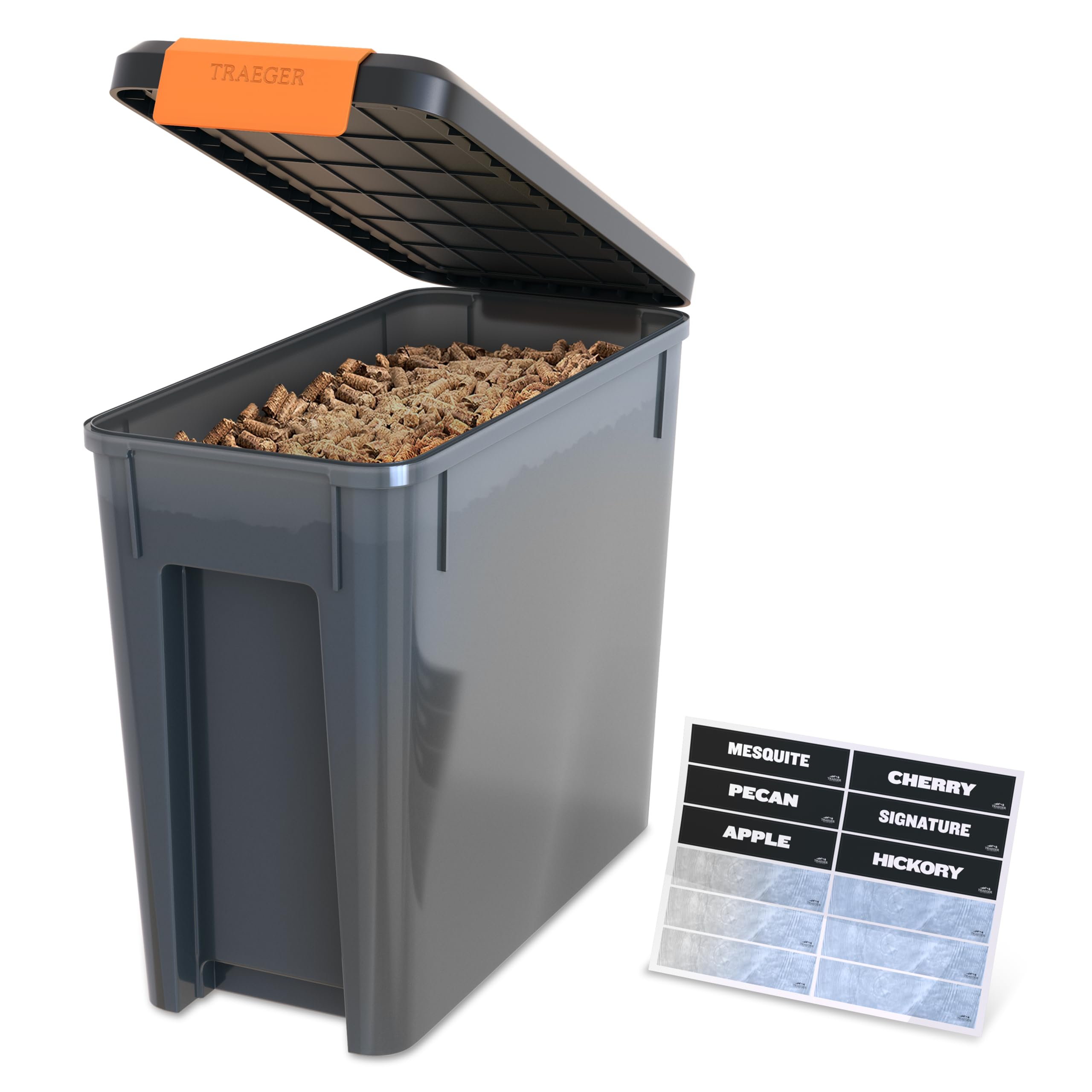 Traeger StayDry pellet bin with locking lid showing secure moisture protection.