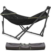 Tranquillo Uniki Hammock Stand setup for quick indoor or outdoor relaxation.