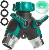 Trazon garden hose splitter with metal body, ideal for two simultaneous water sources.