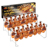 Triceratops grill rack with 14 slots for even chicken drumsticks on the BBQ.